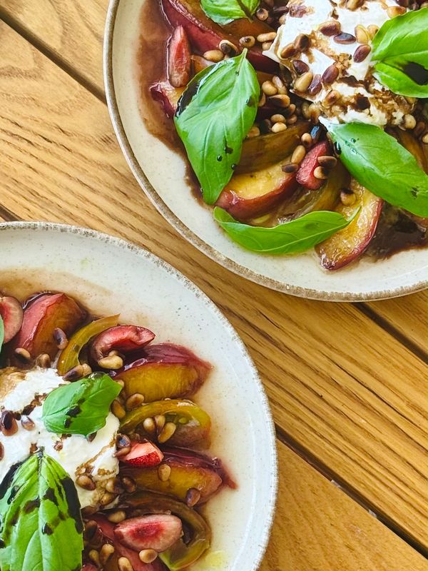 Summer Burrata with roasted peaches, sherry reduction, and toasted pine nuts — photo 2