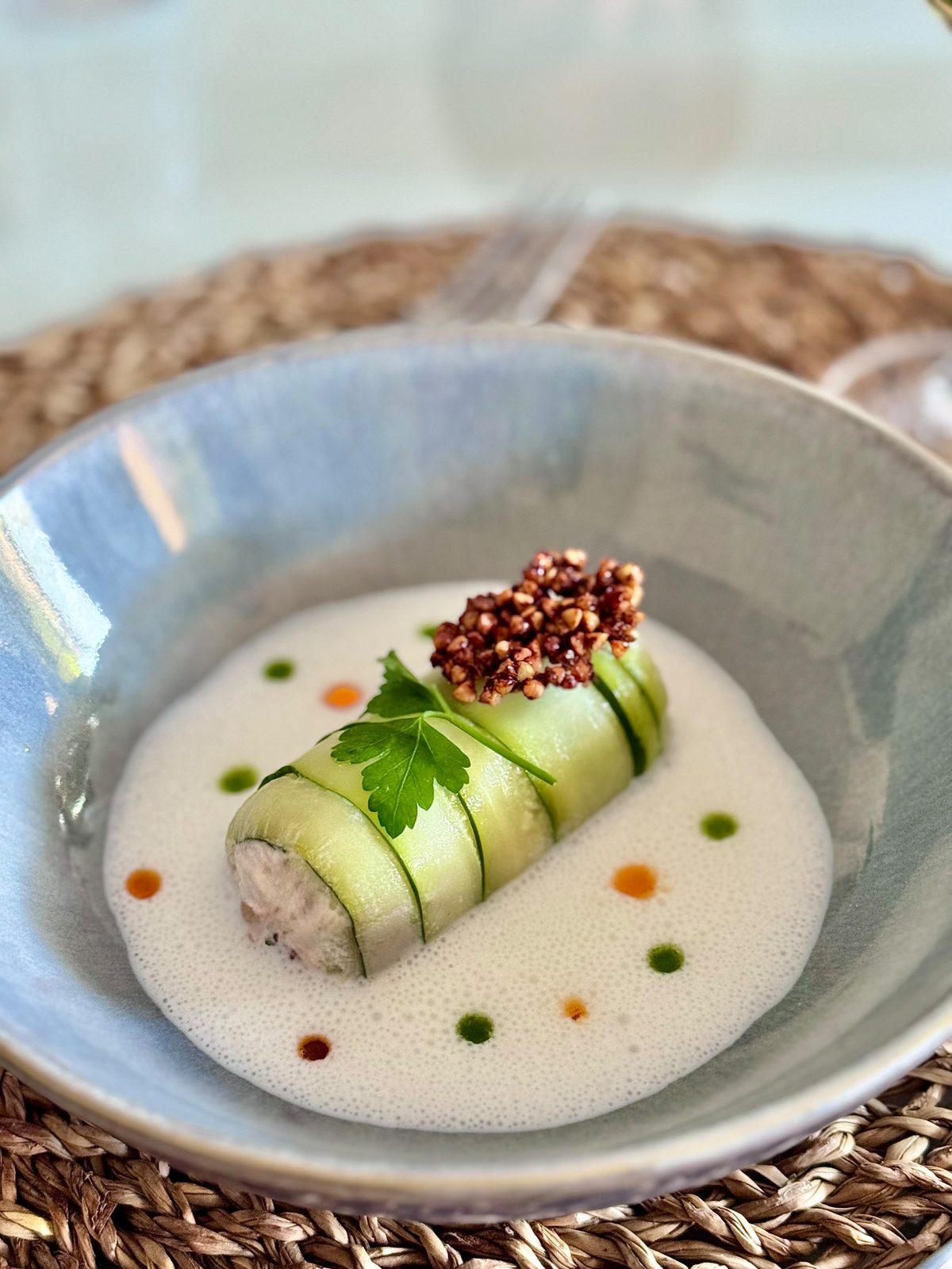Fresh goat cheese-stuffed zucchini roll