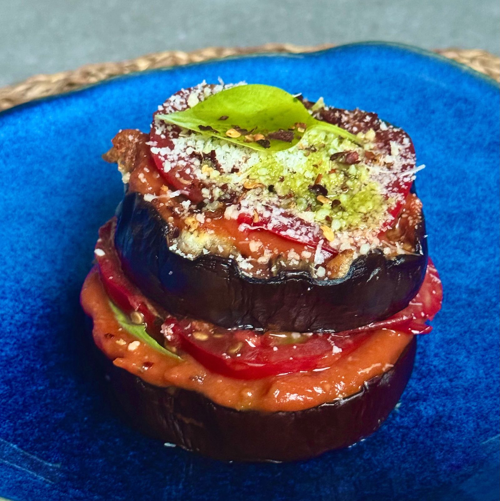 Melting eggplant and cherry tomato mille-feuille