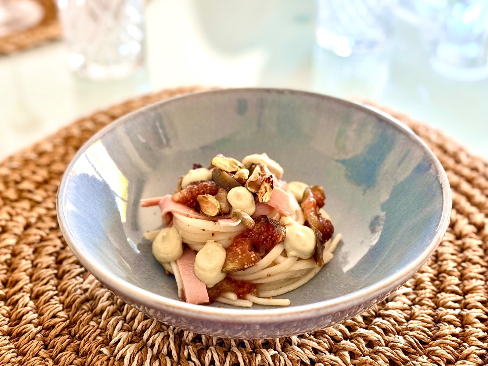 Fresh pasta, pistachio cream & ricotta, figs and mortadella